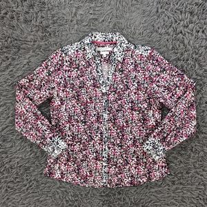 Foxcroft Shirt Women's 6 Petite Pink White Black Button Down Printed Colorful